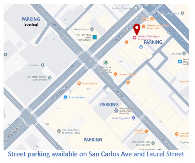 Map showing public parking lots around Red Hot Chilli Pepper at San Carlos Avenue and Laurel Street, San Carlos.